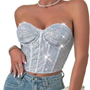 SHEIN Silver Sequin Strapless Crop Top